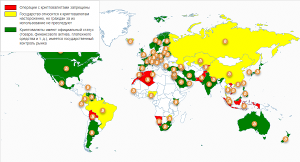 Карта, страны где разрешен легален или запрещен биткоин 